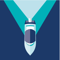 The Makai app icon: a teal V on deep navy.